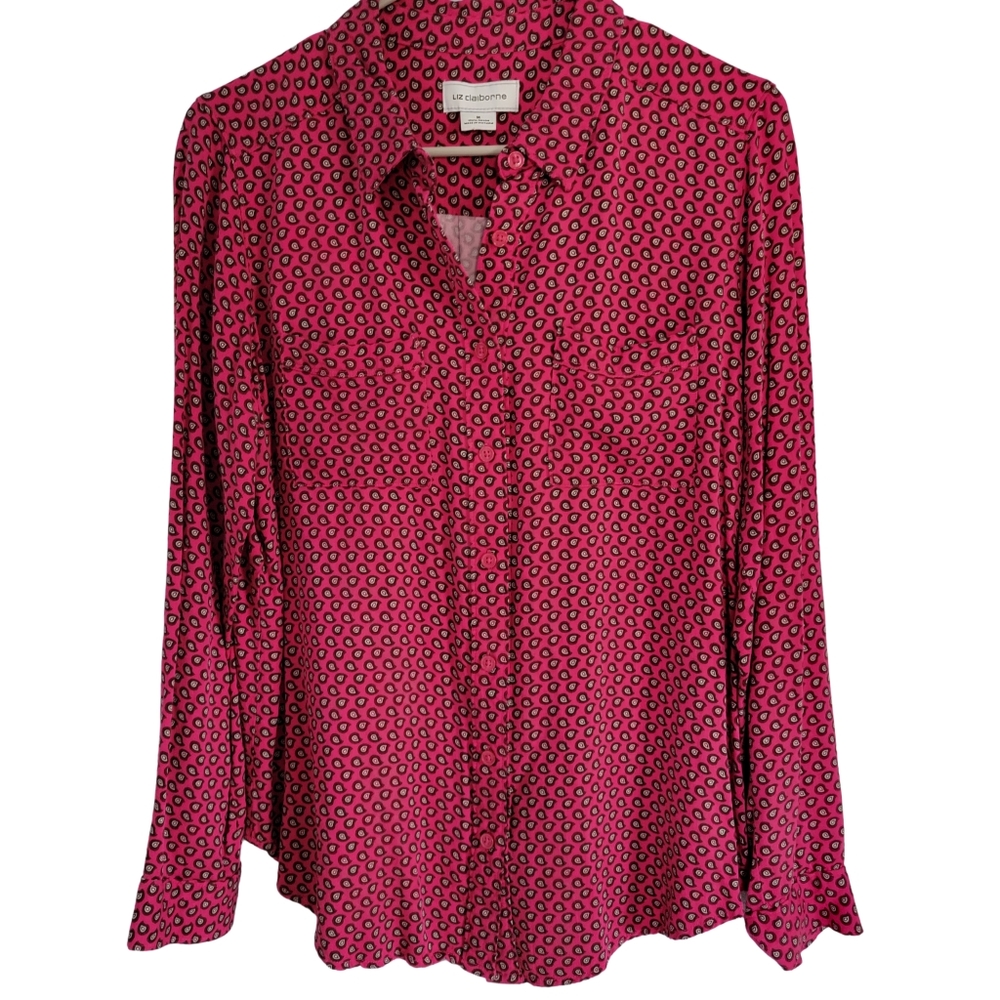 Liz Claiborne Long-sleeved Button Down Hot Pink Paisley Print Blouse Size-M